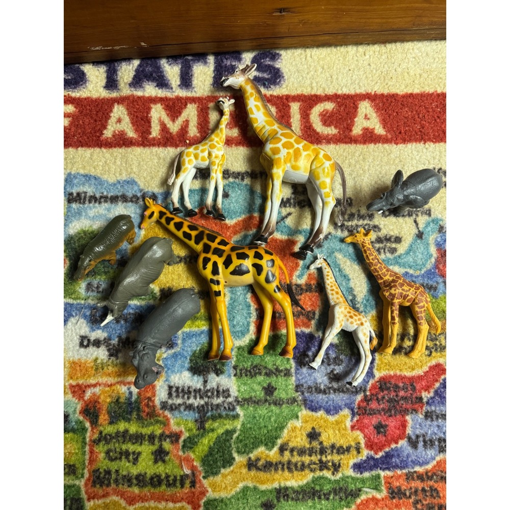 Safari Animal Figurines Giraffe Elephant Rhino Hippopotamus Lot Kids Play Toys